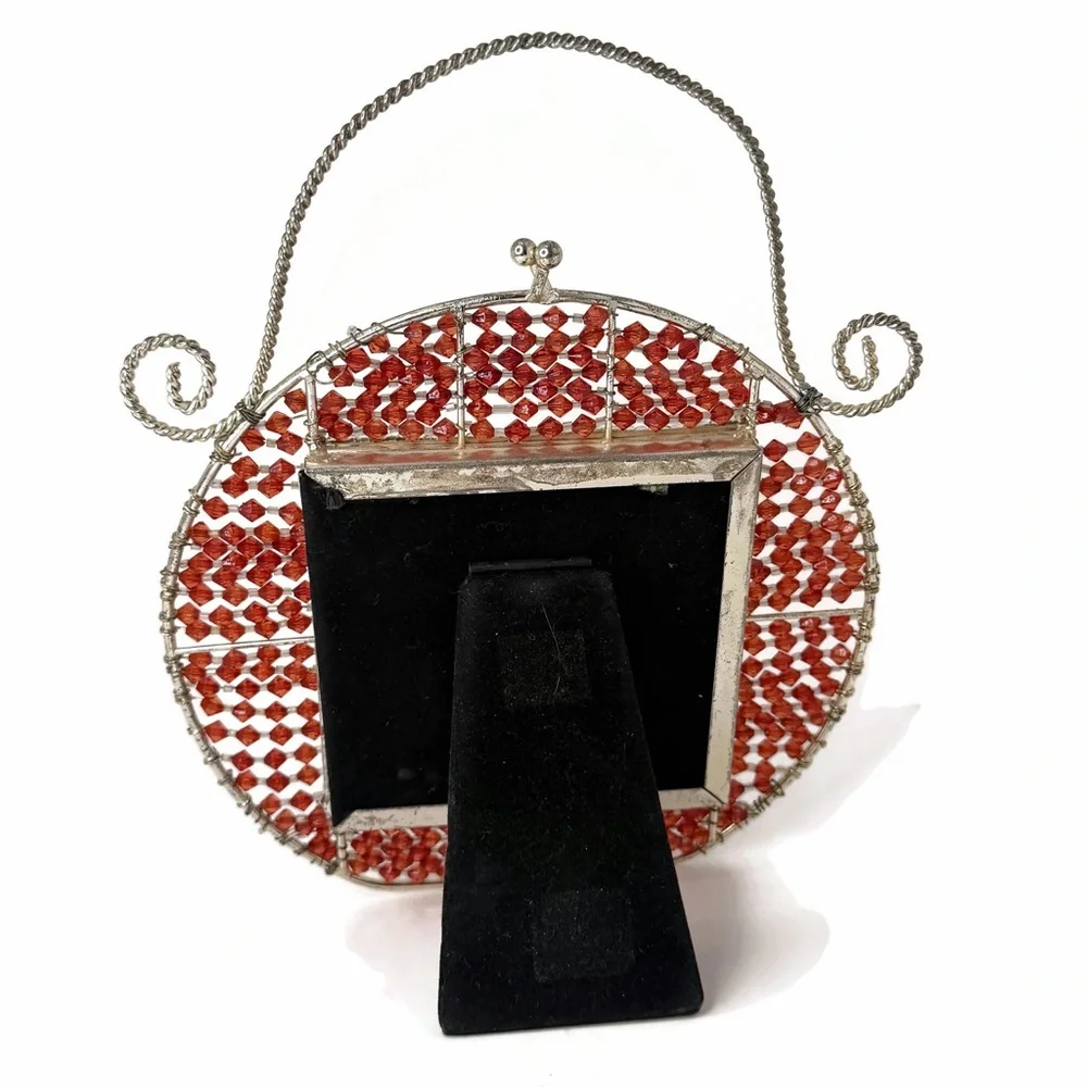 Vintage Purse Red Beaded Gold Tone Metal Picture Frame